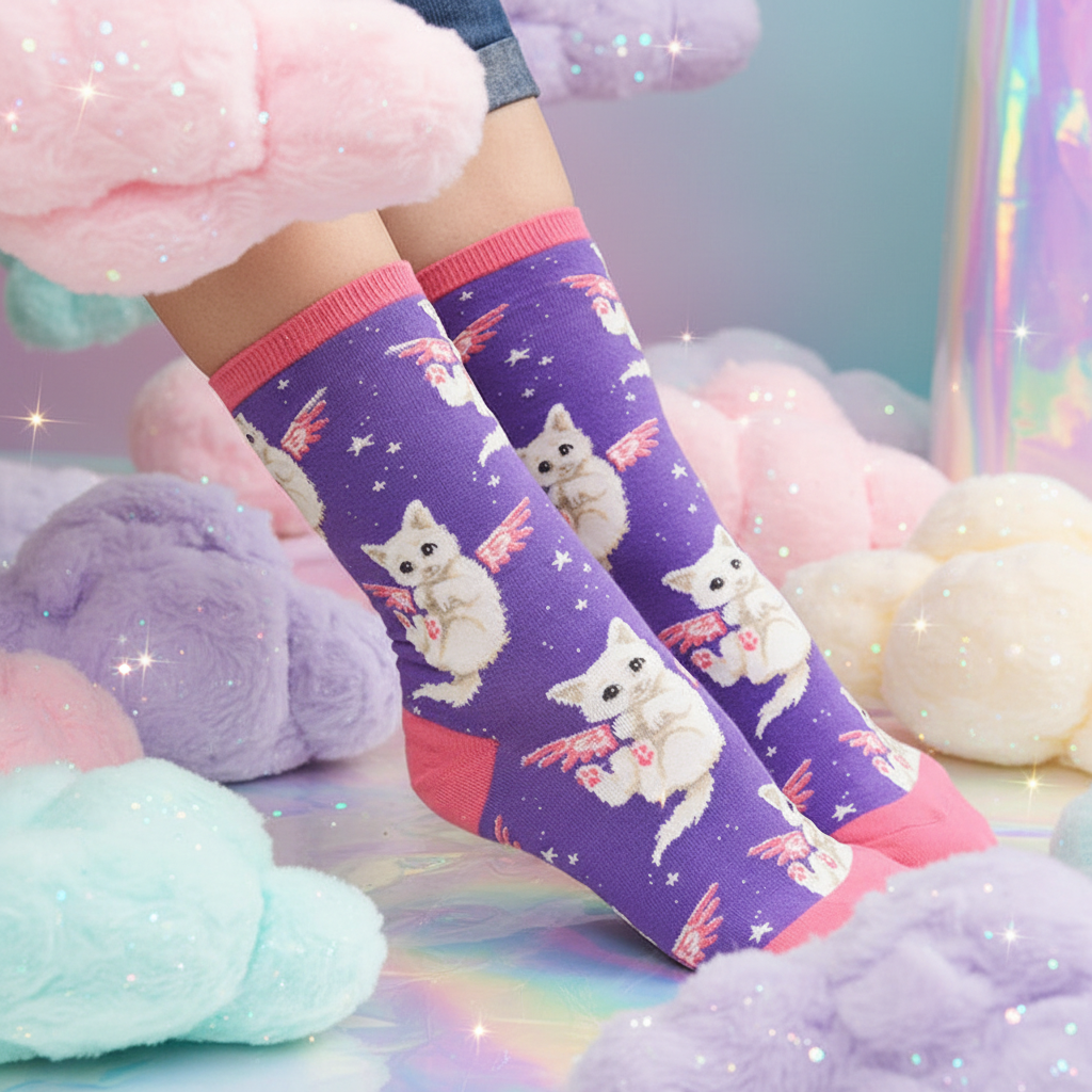 Angel Kitty Socks on feet show purple, pink, and white cat designs with plush pastel clouds