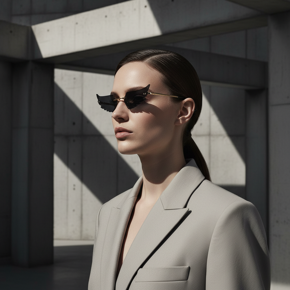 Side-profile model wearing black gay sunglasses with wing-shaped frames and gold arms