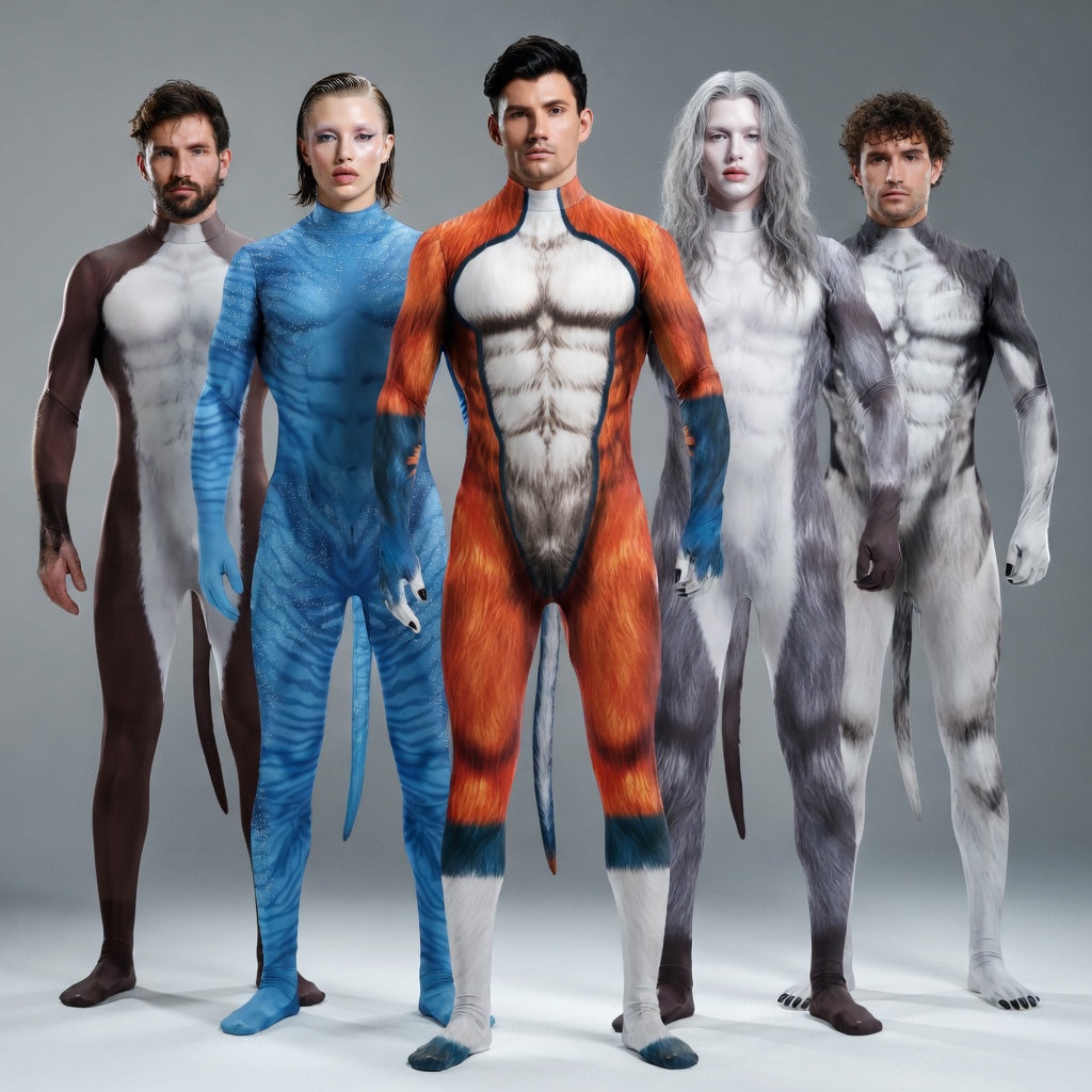 Five models in full-body animal-print zentai suits with long matching tails