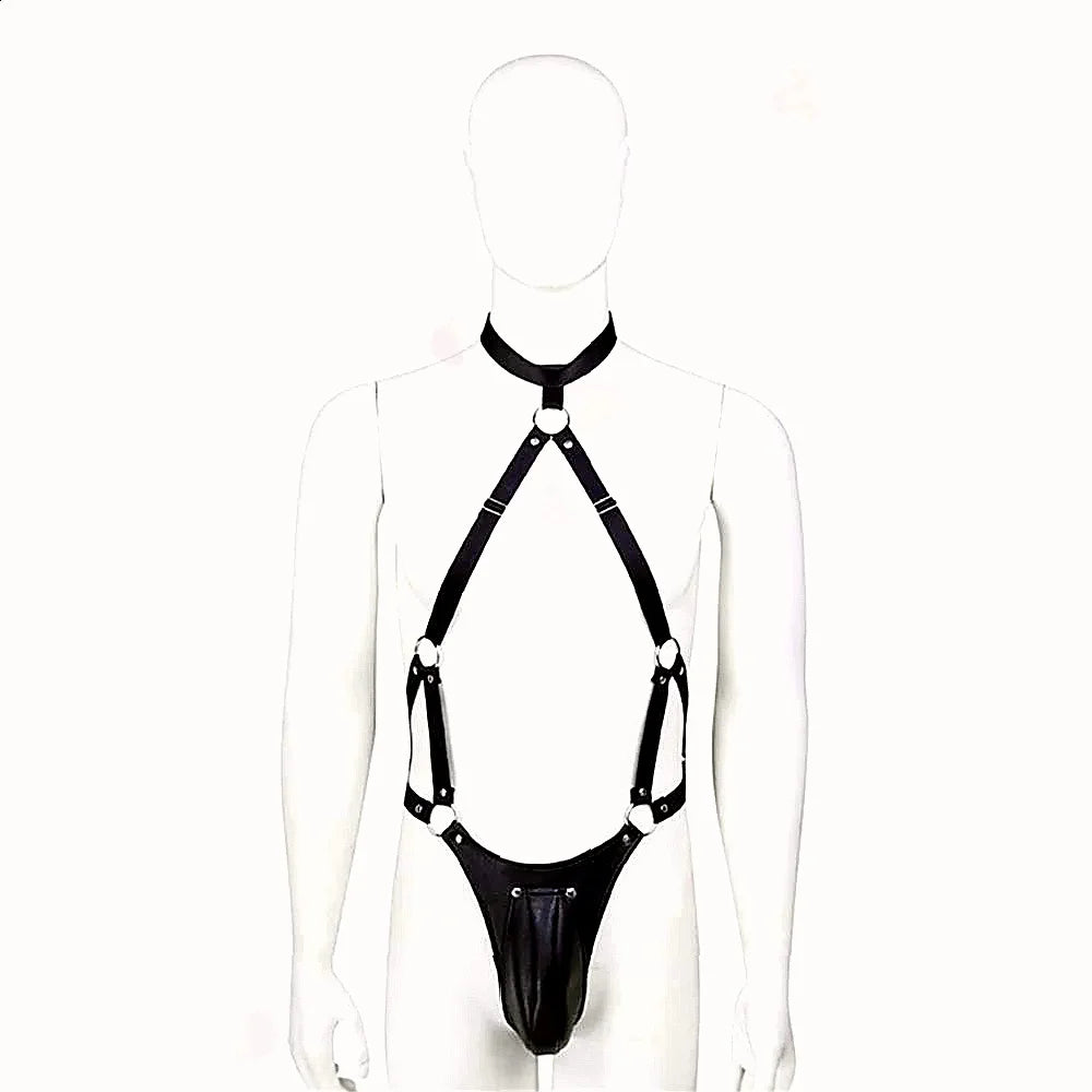 Front-view mannequin wearing a black strappy leather-style harness with a pouch