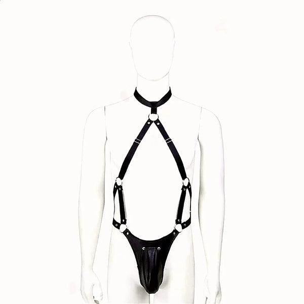Front-view mannequin wearing a black strappy leather-style harness with a pouch