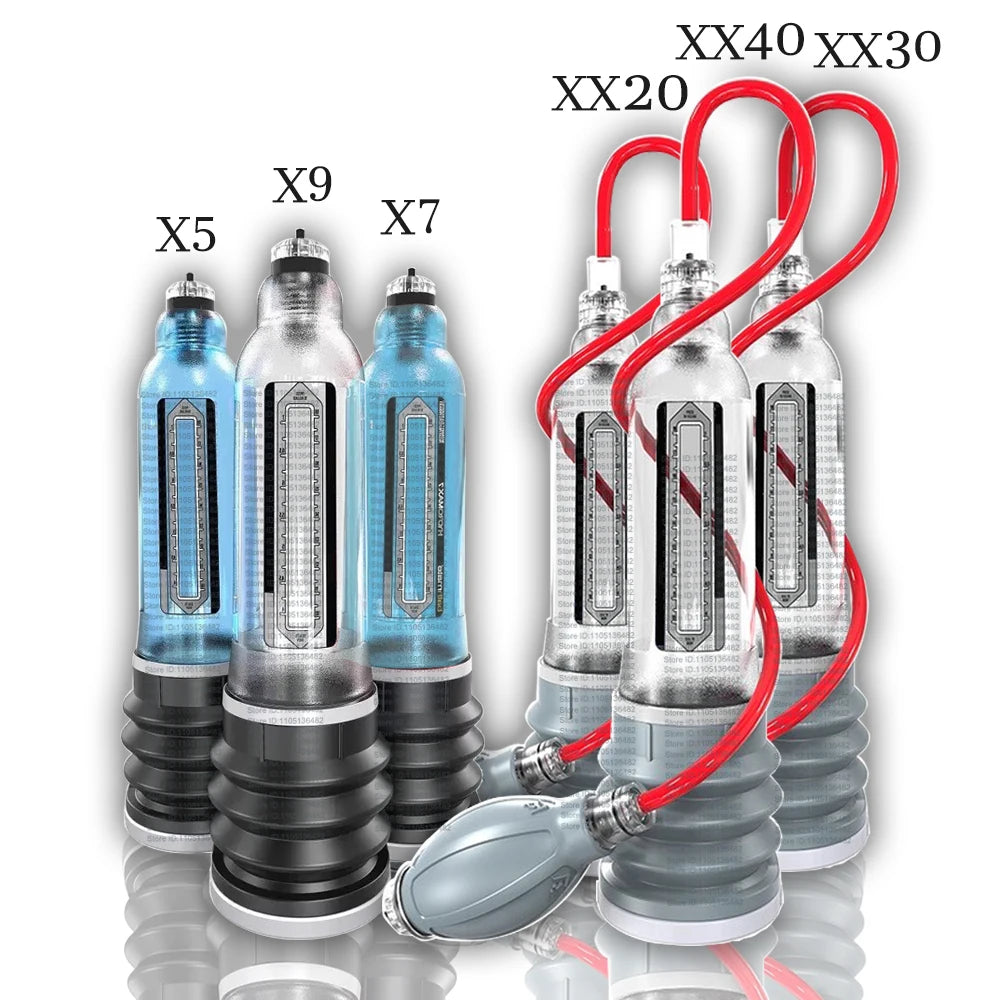 Six clear penis vacuum pumps labeled X5, X7, X9, XX20, XX30, and XX40