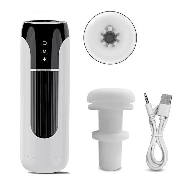 White and black cylindrical male masturbator with textured sleeve, cap, plug, and USB cable