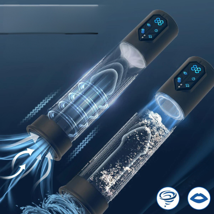 Two transparent penis pumps with digital controls, one shown with water bubbles and airflow arrows