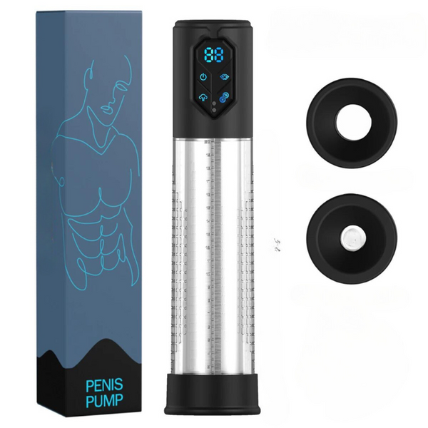 Waterproof penis pump with digital control, measuring tube, box, and two black seals