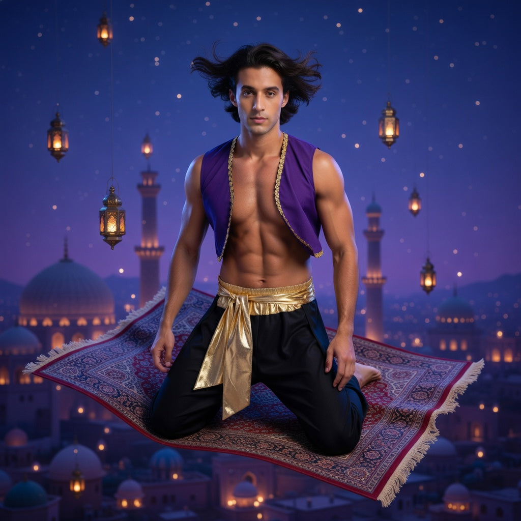 Model kneeling on a patterned flying carpet in a purple vest and black trousers
