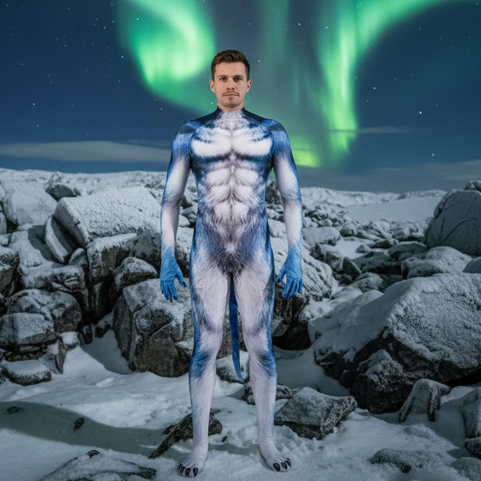Front-facing model in a blue-and-white wolf-print bodysuit with attached tail on snowy rocks