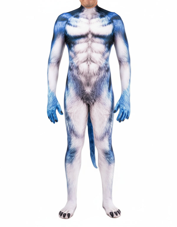 Front view of a person wearing a blue-and-white wolf-print full-body suit with paw gloves, feet, and tail