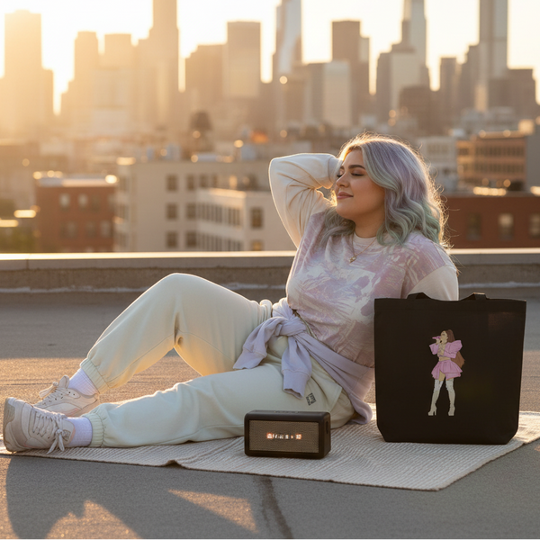 Black tote bag with a pink-and-white illustrated singer beside a seated person on a rooftop