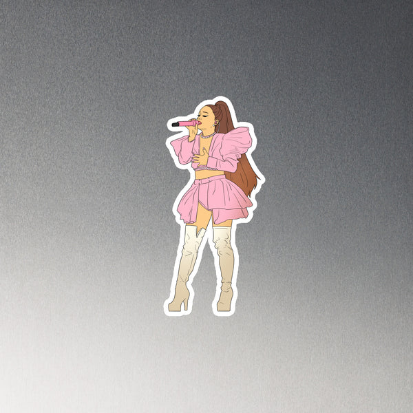 Illustrated singer in pink performing into a microphone, wearing thigh-high boots