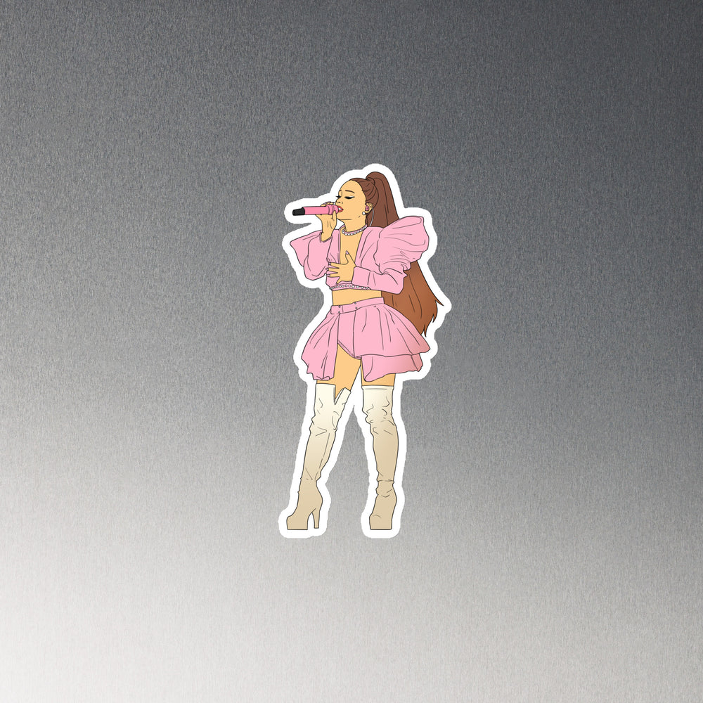 Illustrated singer in pink performing into a microphone, wearing thigh-high boots