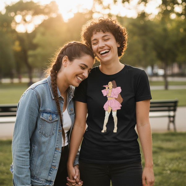 Ariana Grande Unisex T-Shirt with graphic art worn by a queer couple; one in denim