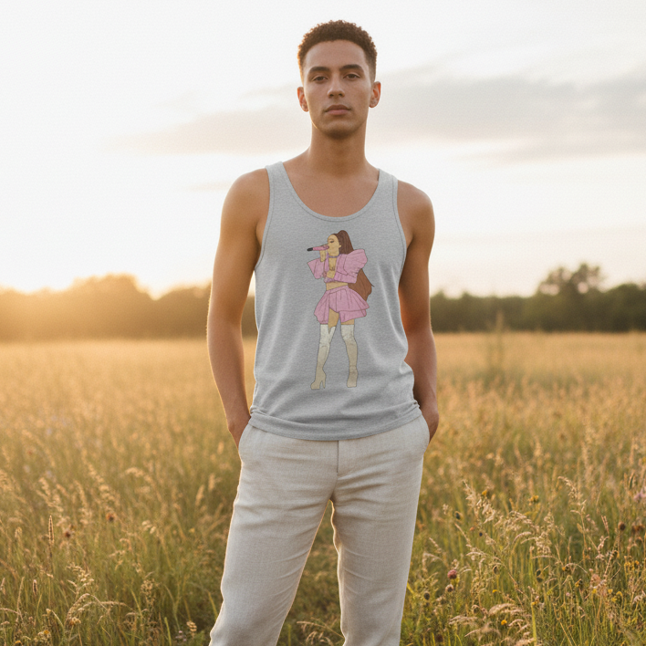 Ariana Grande Unisex Tank Top on a young man in light trousers, glowing in sunset-lit tall grass under a partly cloudy sky.