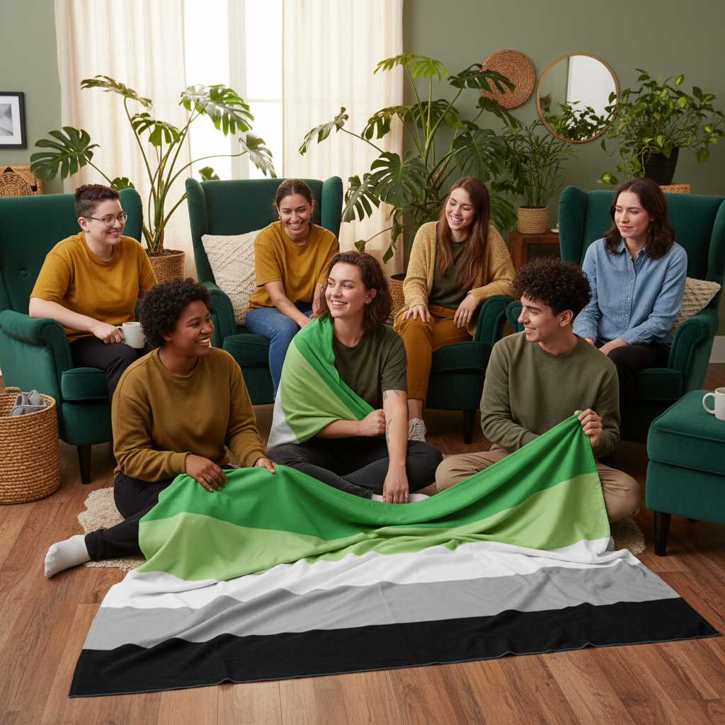 Aromantic Flag Throw Blanket in pride colors drapes a green armchair as friends chat, aromantic flag held, plants nearby