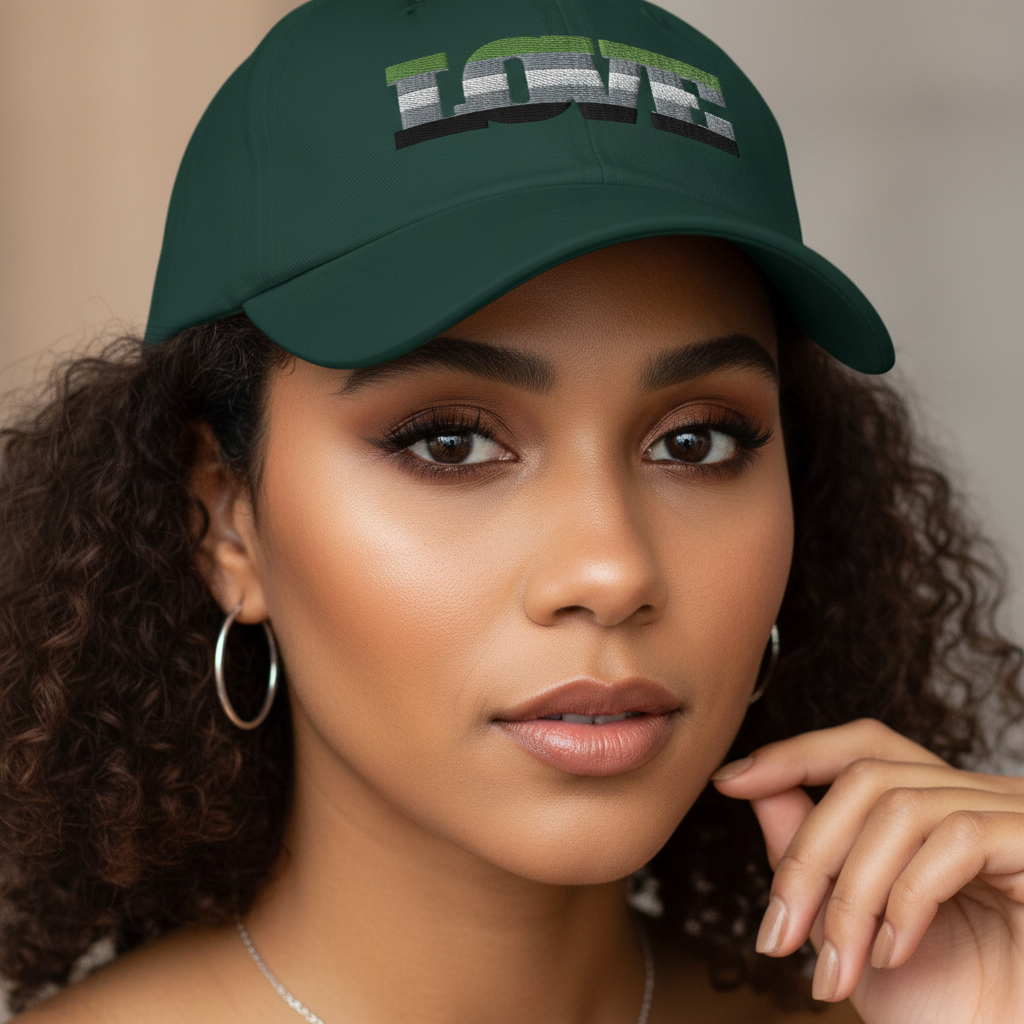 Dark green Aromantic Love Cap with bold block-letter embroidery, worn by a woman with curly brown hair and hoop earrings.