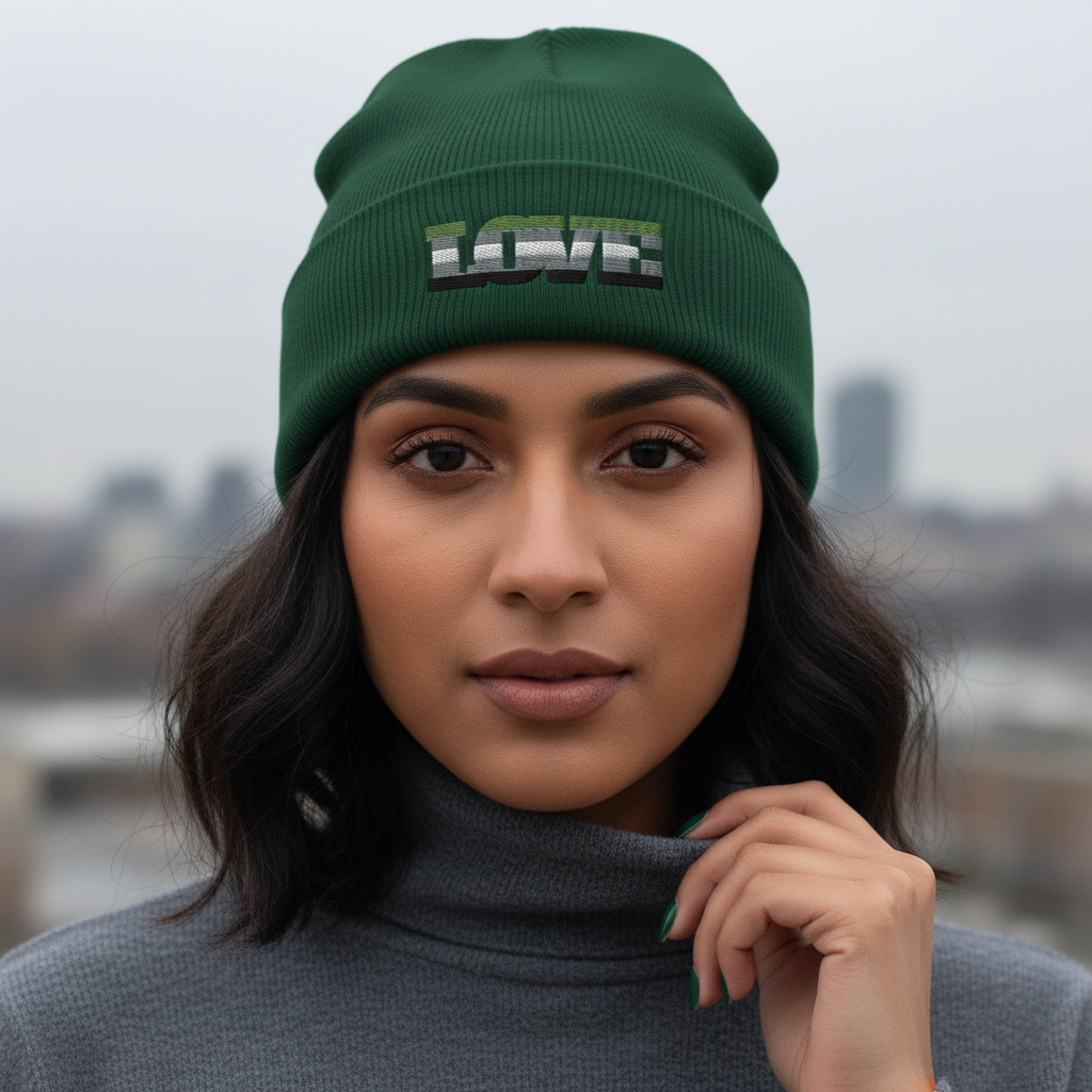 Aromantic Love Cuffed Beanie with "LOVE" embroidery, worn by a queer woman in a gray turtleneck, city backdrop, LGBTQ+ style.