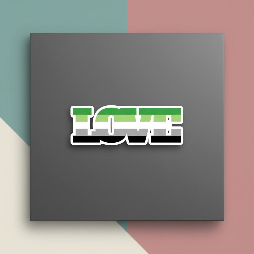 Square magnet with striped green, white, gray, and black LOVE lettering on a dark gray surface
