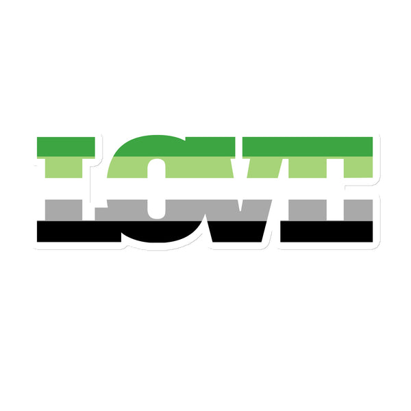 Flat graphic of mirrored “LOVE” lettering in aromantic pride colors: green, gray, and black
