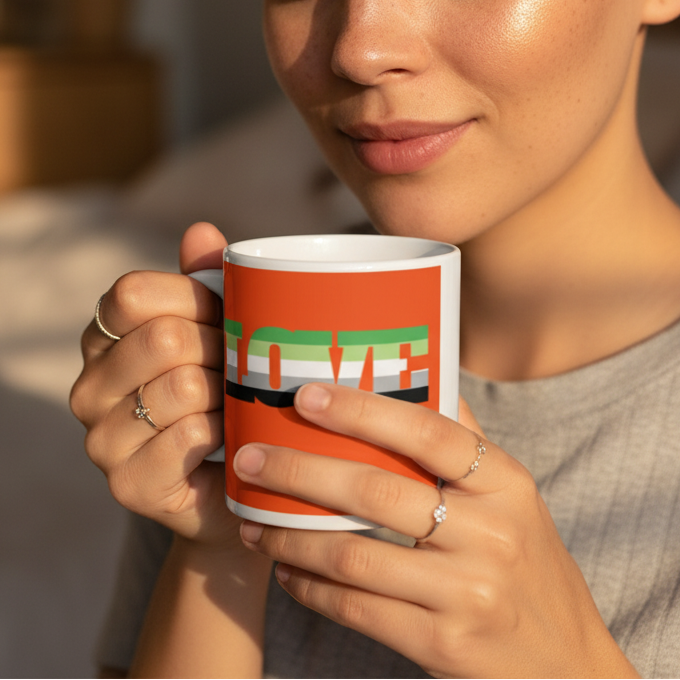 Person holding orange ceramic mug with multicolored lettering; aromantic Pride mug with “Aromantic Love” design