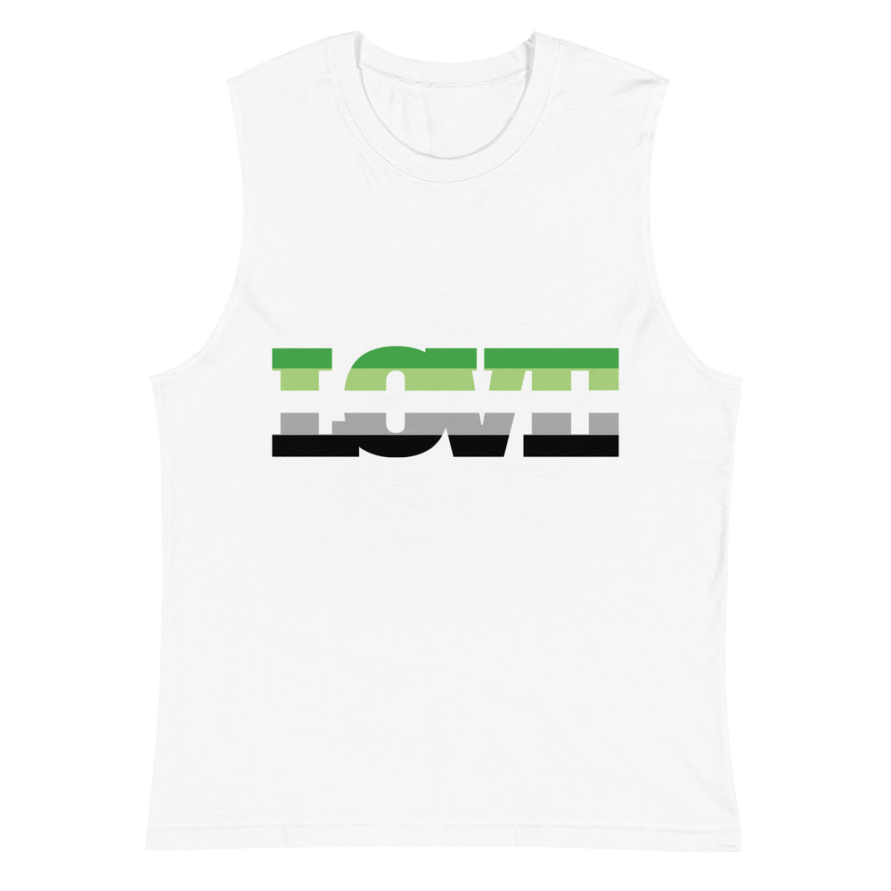 Front view of a white sleeveless muscle tank with LOVE in green, gray, and black