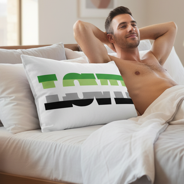 Shirtless man lounges under a white blanket with an Aromantic Love Pillow, showing bold green, black, and gray graphic text.