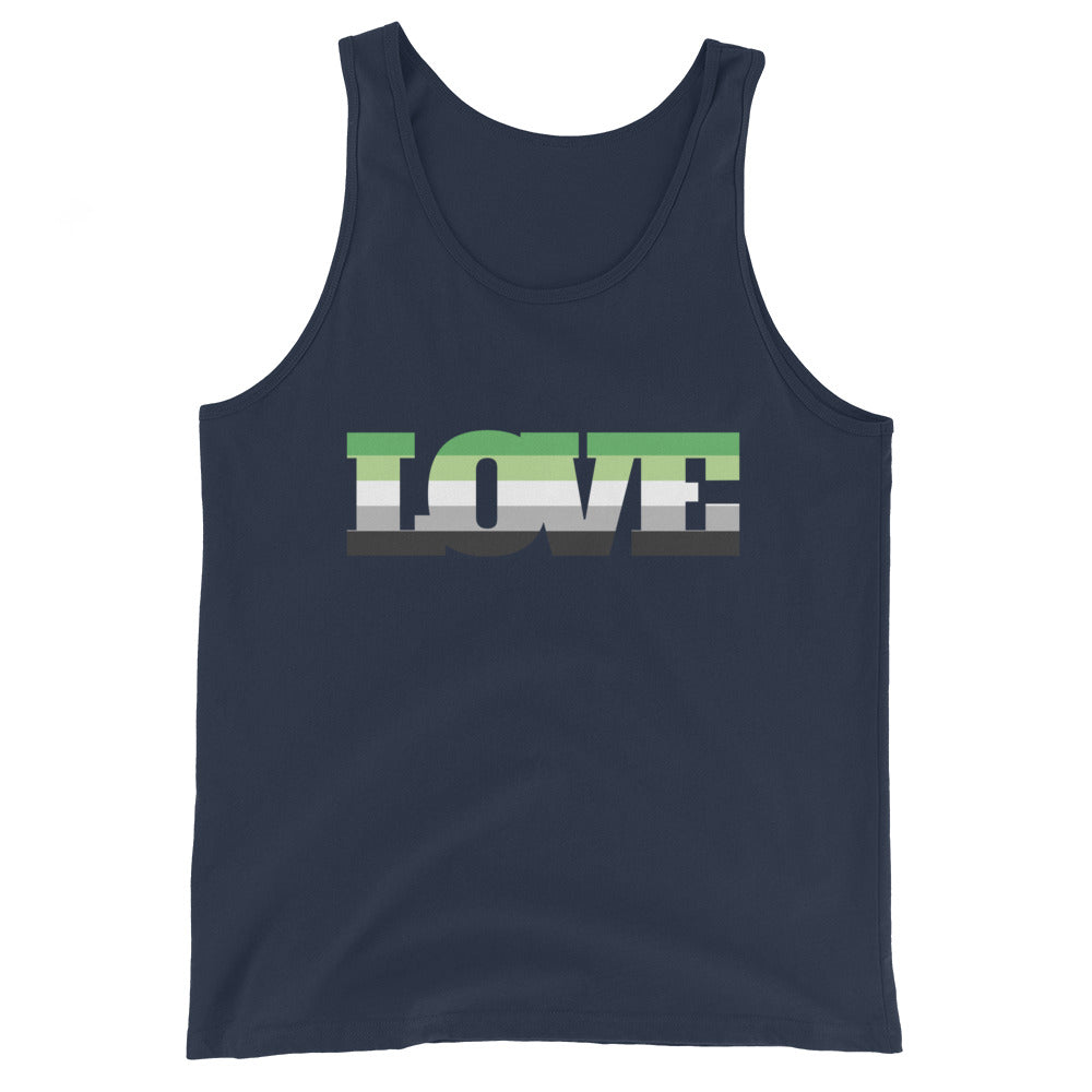 Unisex tank top with bold "LOVE" in agender pride flag stripes, perfect queerwear for pride, tanks fans