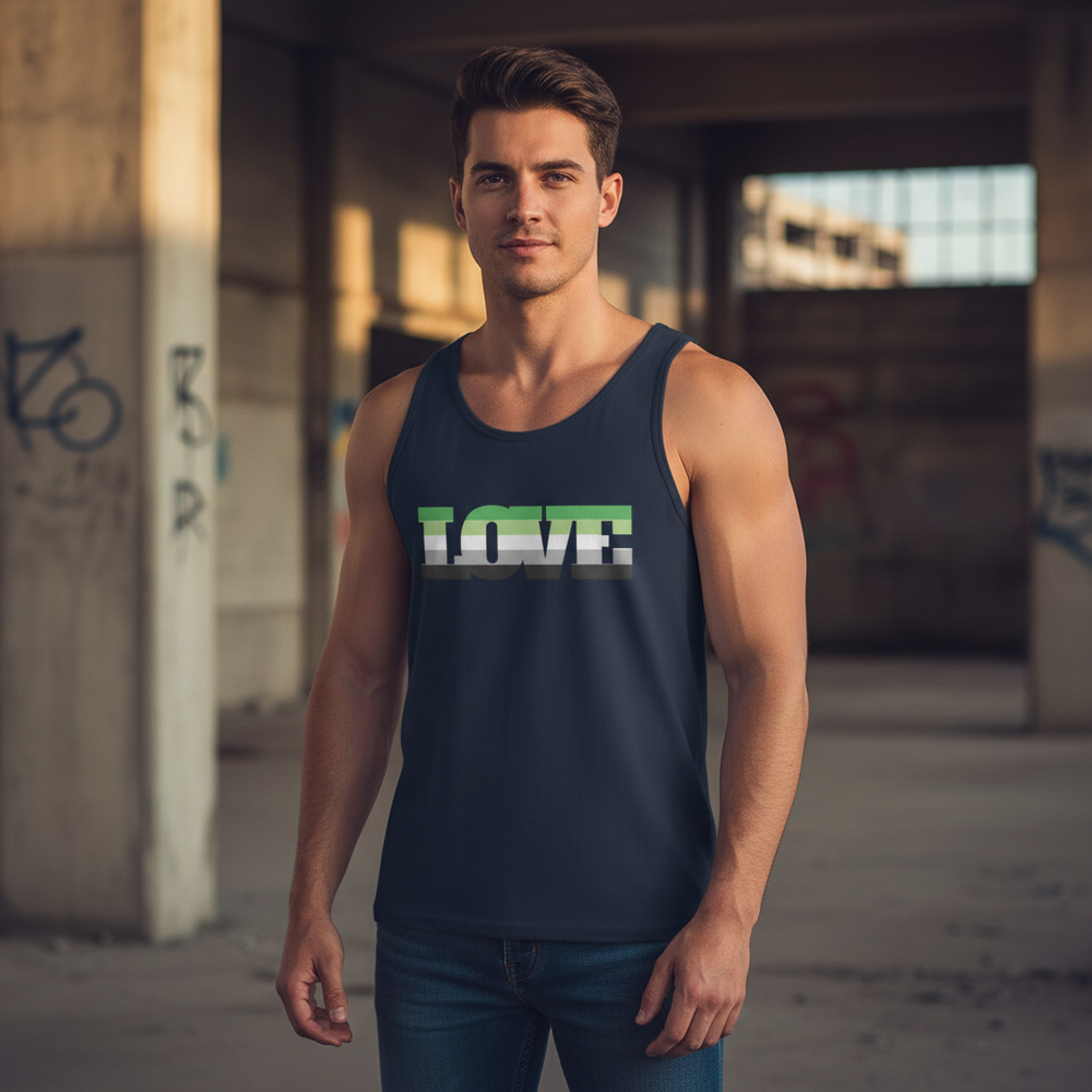 Aromantic Love Unisex Tank Top with "LOVE" in white, green, and gray stripes