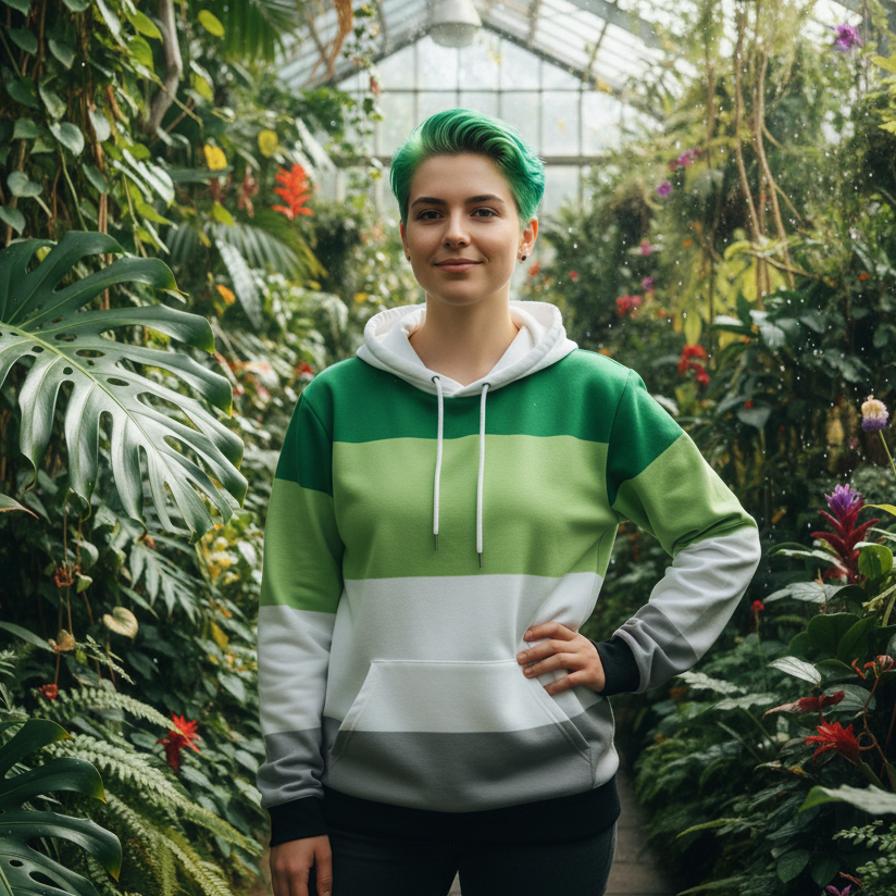 Aromantic Pride All-Over Hoodie with green, white, gray, and black stripes worn in a lush greenhouse by a smiling person