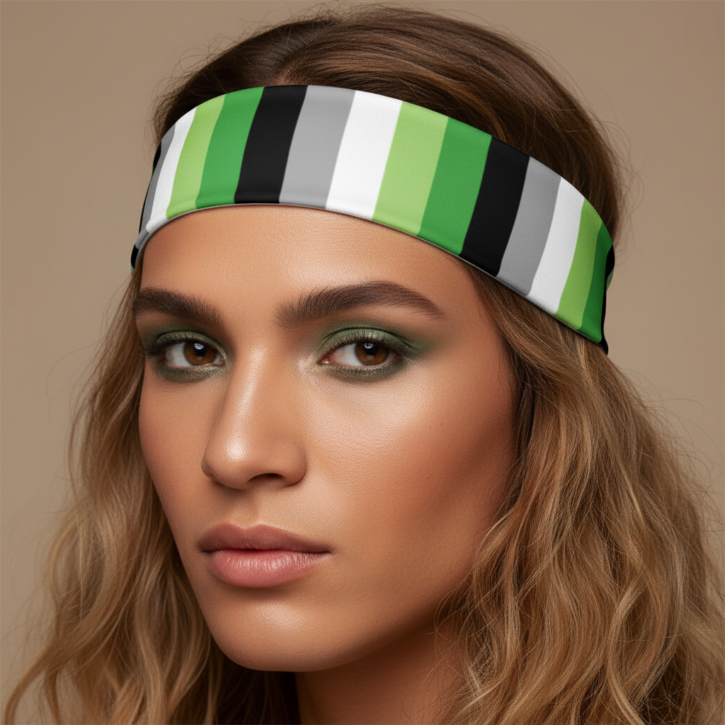 Aromantic Pride headband with green, white, gray, and black stripes on light brown wavy hair; green eyeshadow