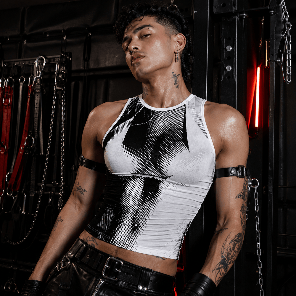 Model wearing a black-and-white anatomical heart tank top in a dark harness room