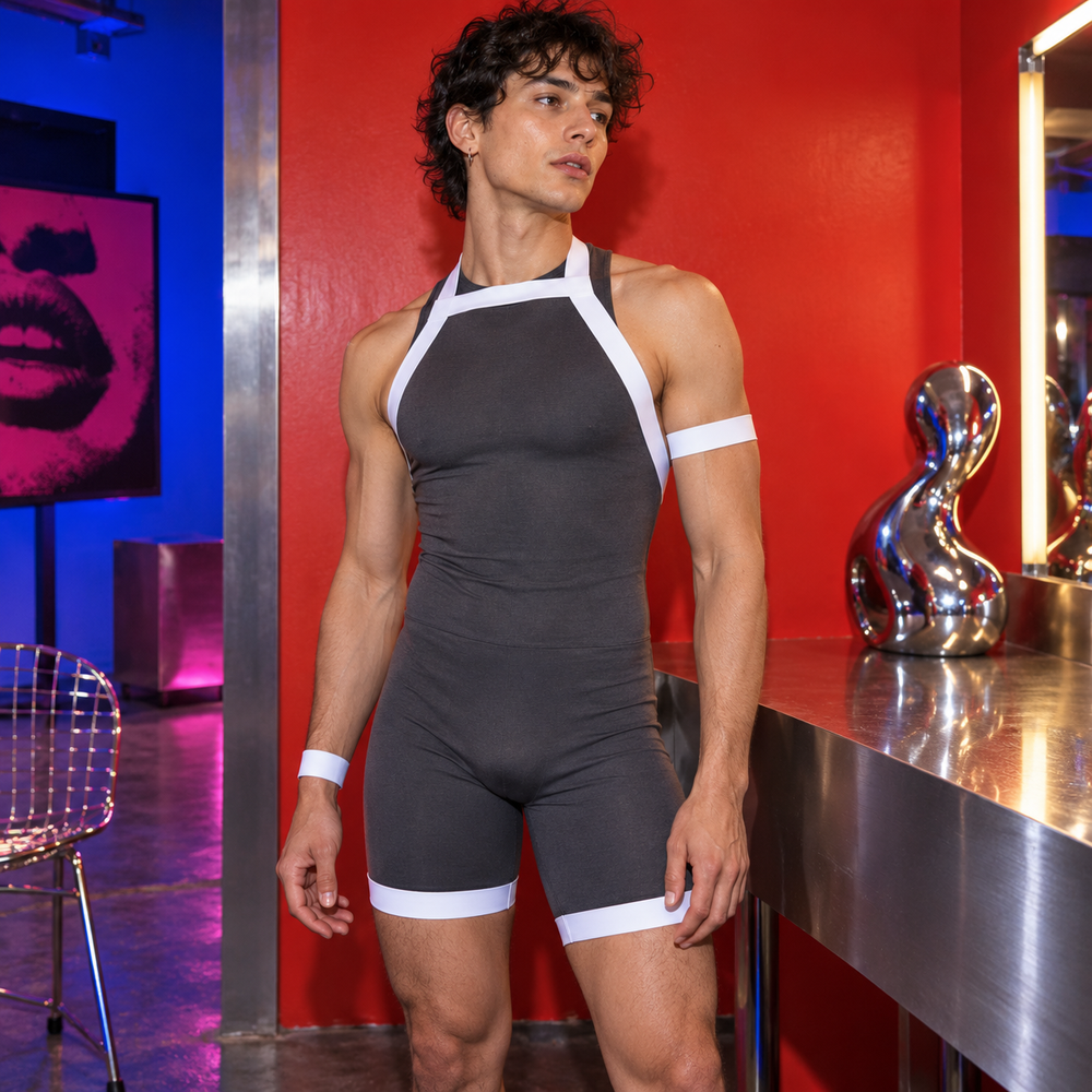 Elastic Full Body Halter-Harness Clubwear in White, styled in an ARTPOP CHAOS backstage setting.
