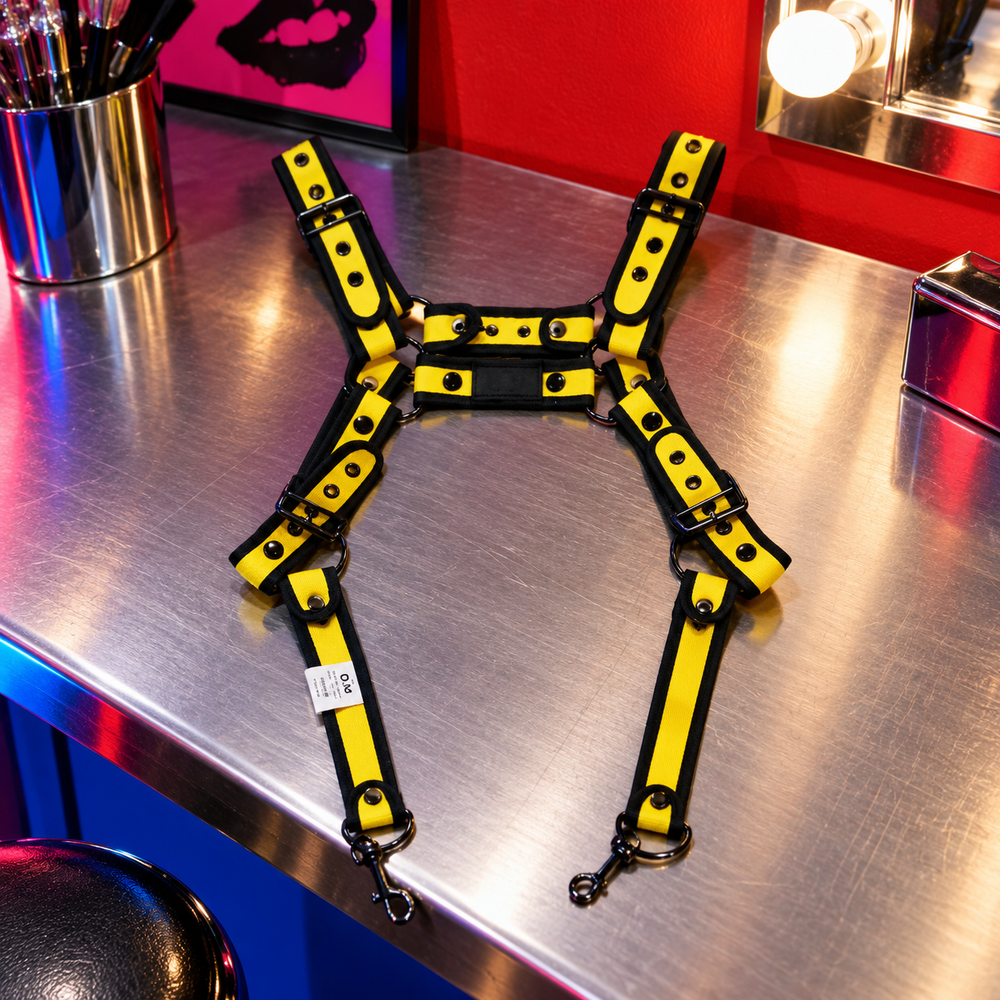 Fusion Shoulder Strap Metallic Buckle Harness in Yellow, photographed in a sculptural ARTPOP CHAOS backstage setting.