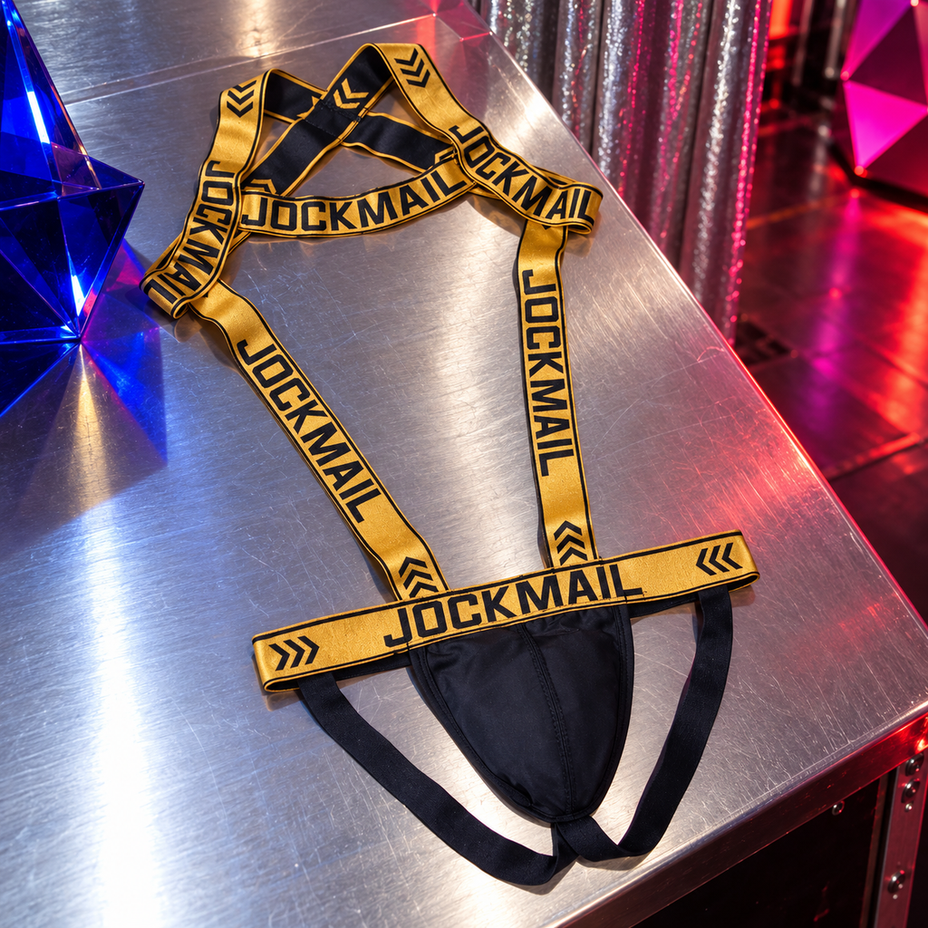 Jockmail Neon Seduction Bodysuit & Thong Harness in Midas, styled in an ARTPOP CHAOS backstage setting.