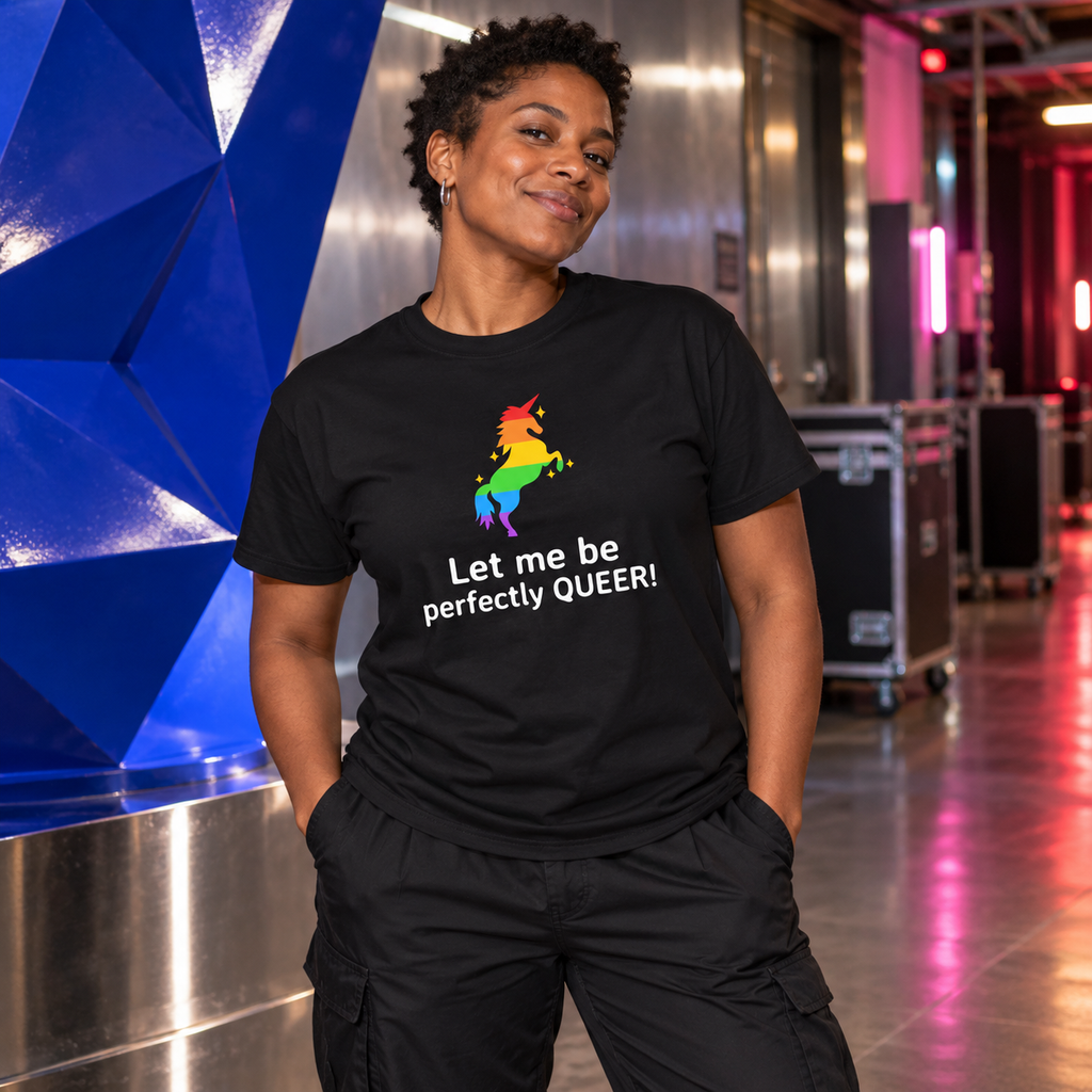 Let Me Be Perfectly Queer T-Shirt in Black, photographed in a sculptural ARTPOP CHAOS backstage setting.