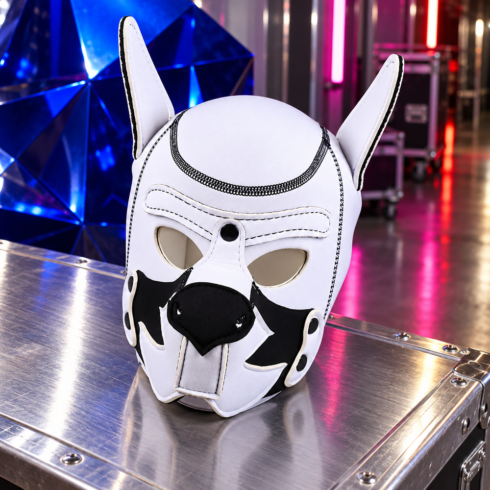 Neoprene Colored Puppy Hood in All White, photographed in a sculptural ARTPOP CHAOS backstage setting.