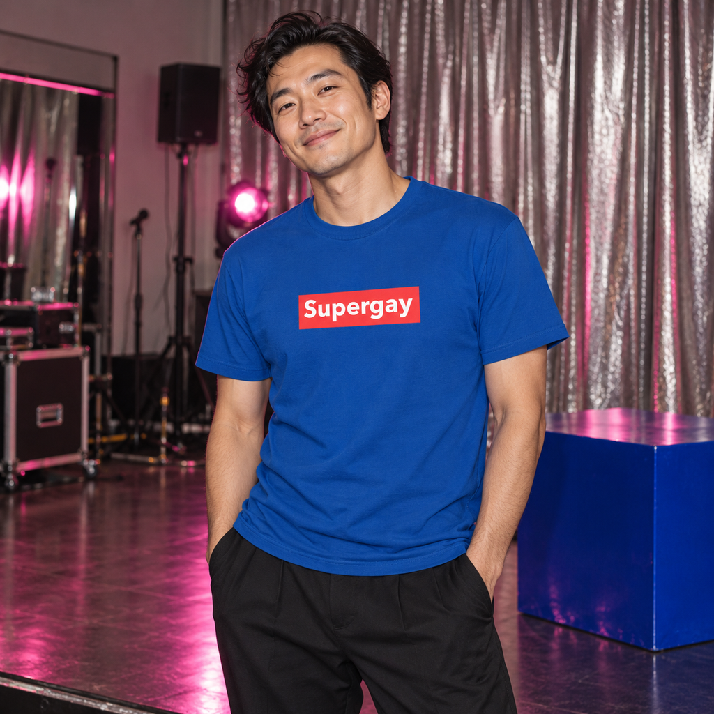 Supergay T-Shirt in True Royal, photographed in a sculptural ARTPOP CHAOS backstage setting.