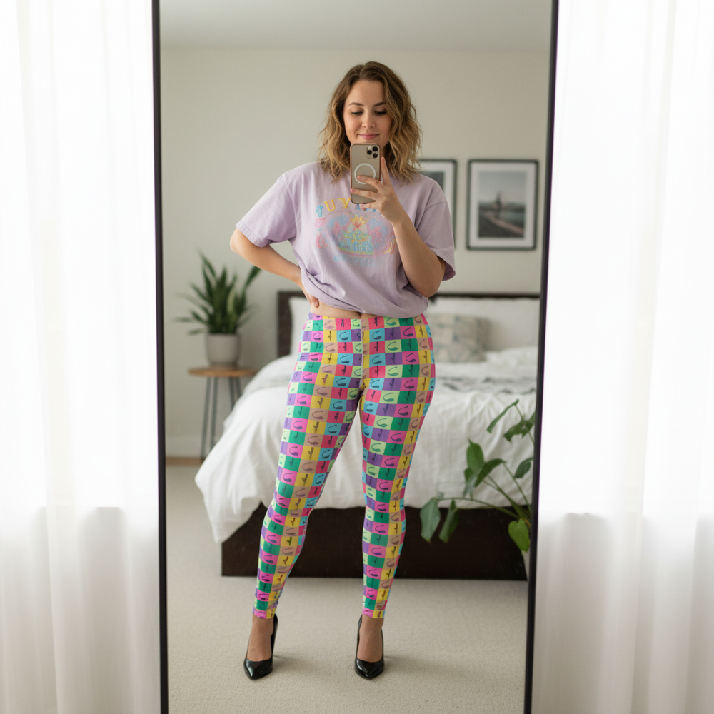 Vibrator Pop Art Leggings styled with a lavender graphic tee and black heels; femme snaps mirror selfie, queer vibes strong.