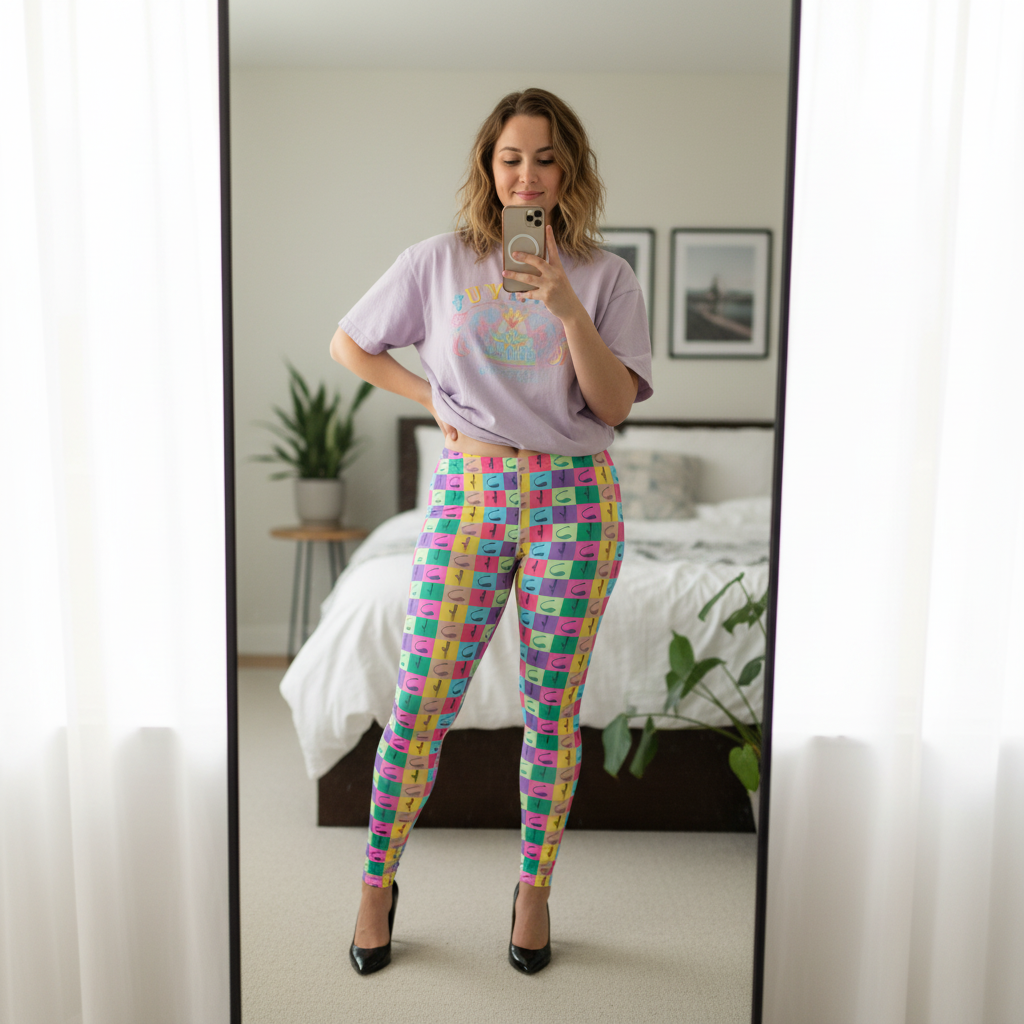 Vibrator Pop Art Leggings styled with a lavender graphic tee and black heels; femme snaps mirror selfie, queer vibes strong.