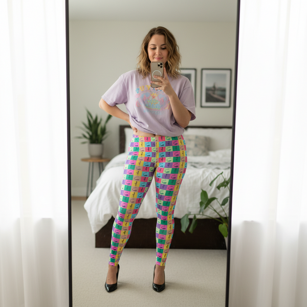 Vibrator Pop Art Leggings styled with a lavender graphic tee and black heels; femme snaps mirror selfie, queer vibes strong.