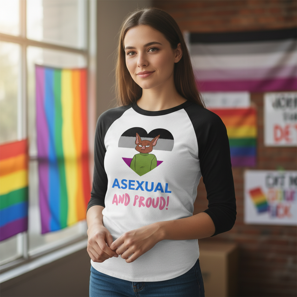 Asexual And Proud 3/4 sleeve raglan shirt with cartoon fox and asexual flag, worn by a person in a pride-filled bright room