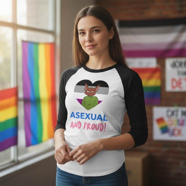 Asexual And Proud 3/4 sleeve raglan shirt with cartoon fox and asexual flag, worn by a person in a pride-filled bright room