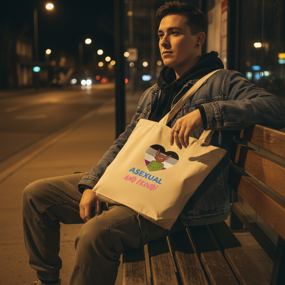 Person seated on a city bench wearing a cream tote reading “ASEXUAL AND PROUD!”