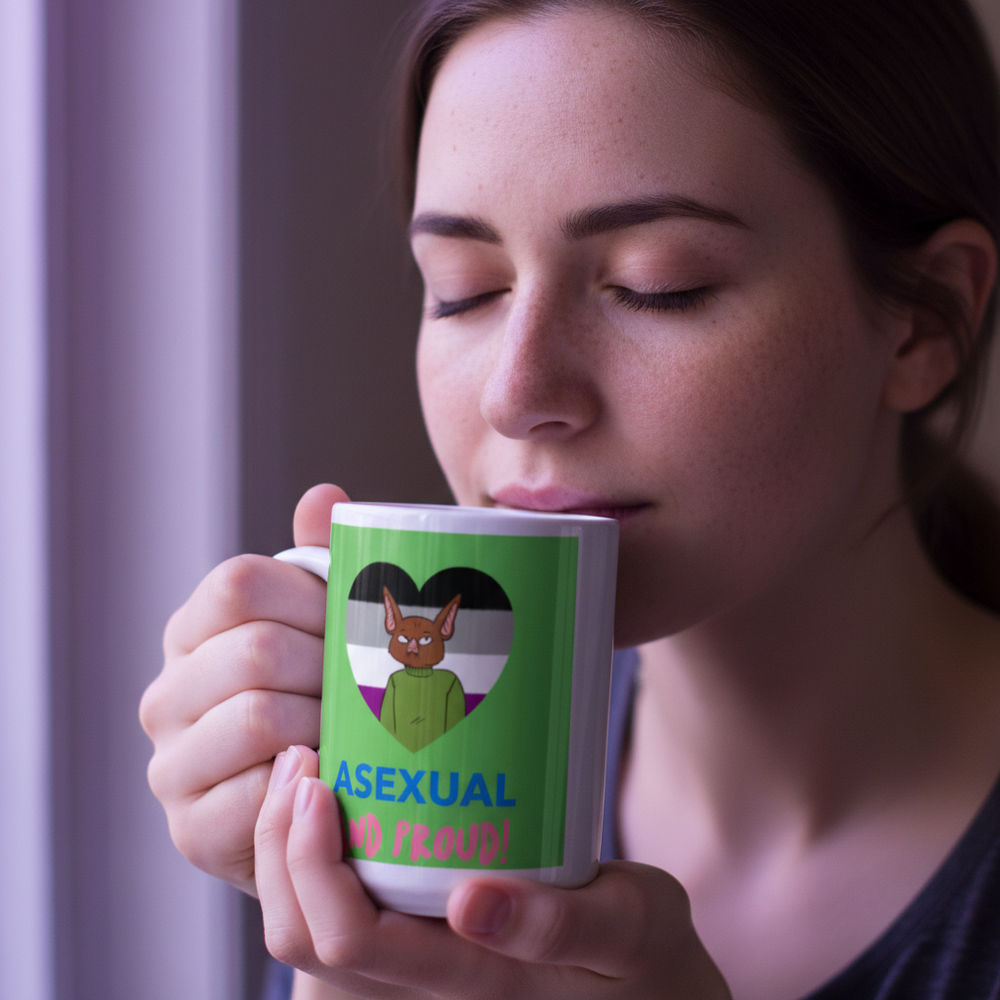 Person holds a green mug reading “ASEXUAL AND PROUD!” with a cat in a heart