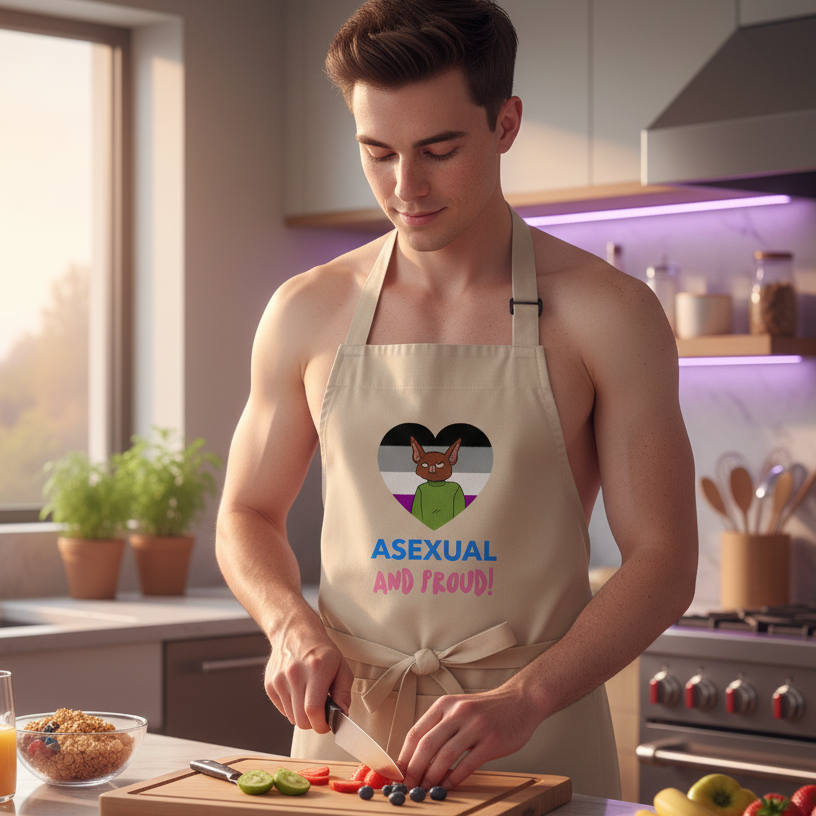 Person slicing fruit in a kitchen while wearing an apron reading “ASEXUAL AND PROUD!”