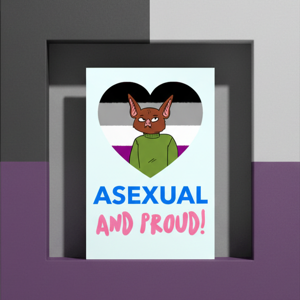 Asexual And Proud Postcard: cartoon bat in green shirt inside a heart with asexual flag colors