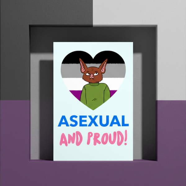 Asexual And Proud Postcard: cartoon bat in green shirt inside a heart with asexual flag colors