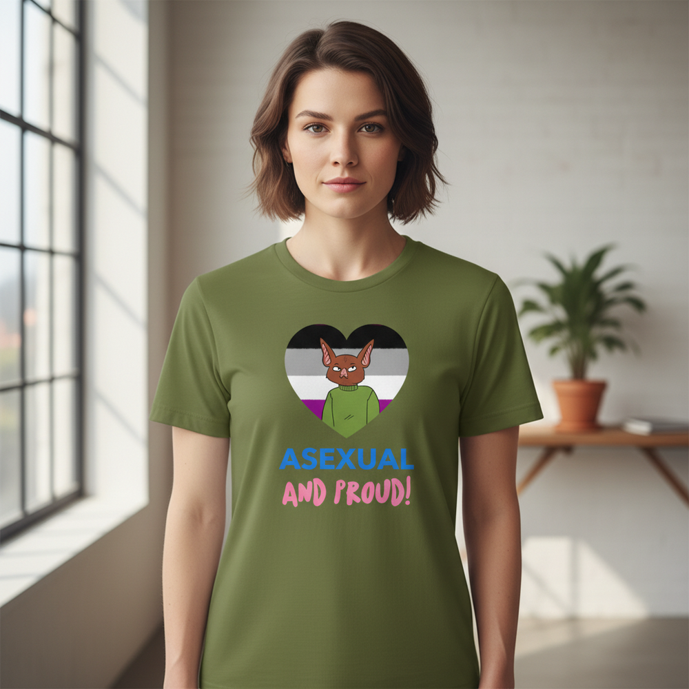 Asexual And Proud T-Shirt in soft olive green cotton, featuring a heart, cute cartoon fox