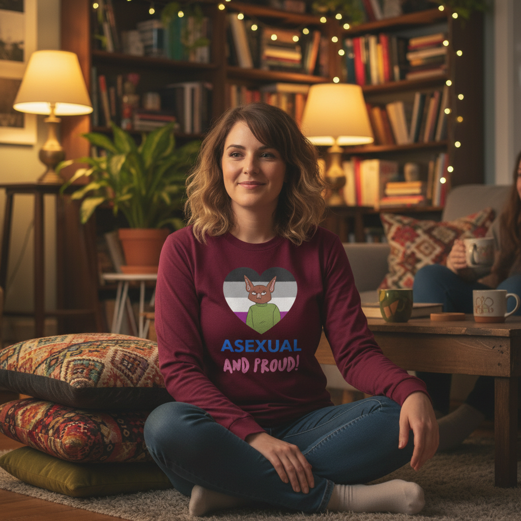 Asexual And Proud unisex long sleeve tee with a cartoon fox, worn by a person in a cozy, book-filled, softly-lit living room