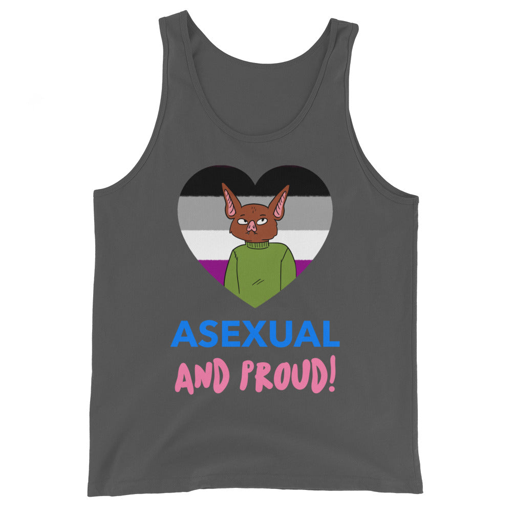 Dark gray tank top with a heart graphic, cartoon bat, and “ASEXUAL AND PROUD!” text