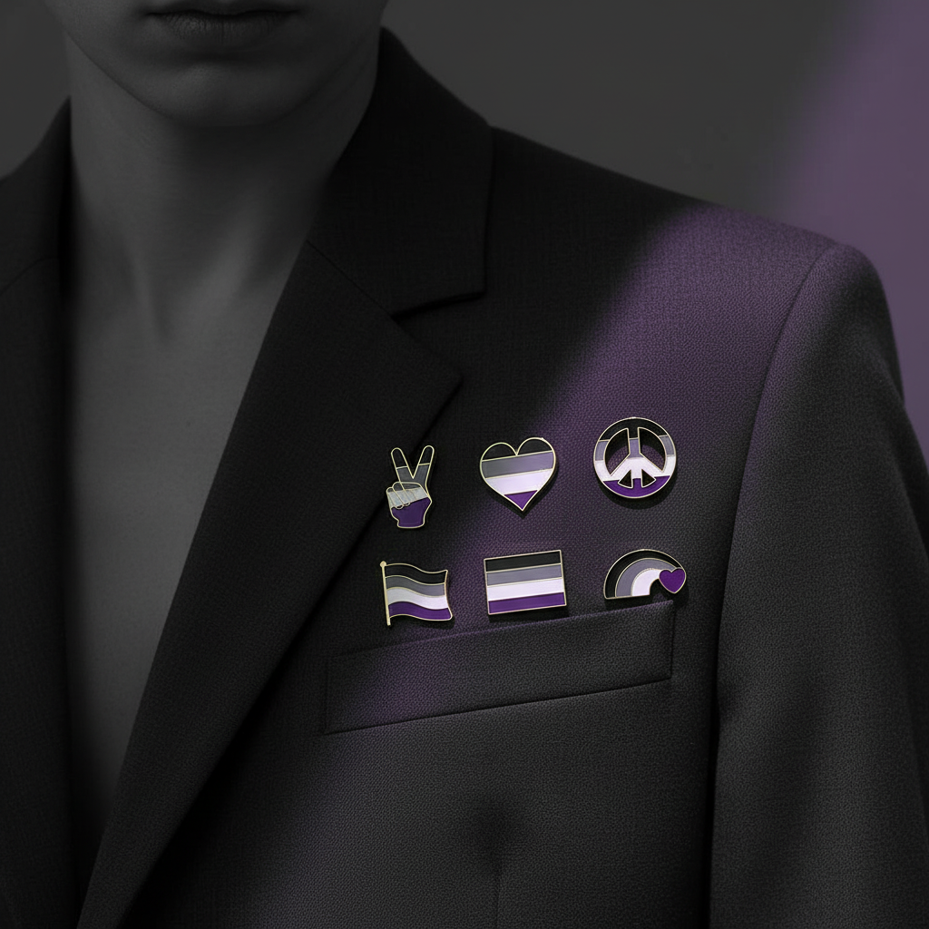 Six asexual pride enamel pins arranged on the lapel of a black blazer